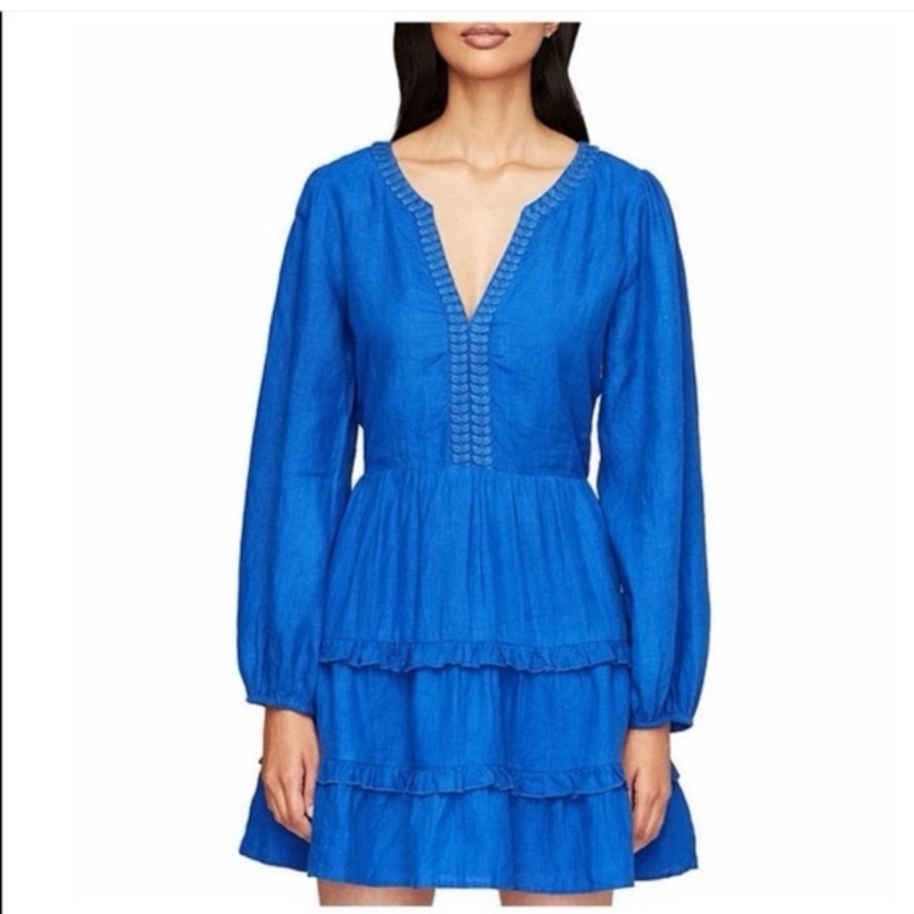 Roller Rabbit Split Round Neck Long Sleeve Tiered Linen Naema Dress.